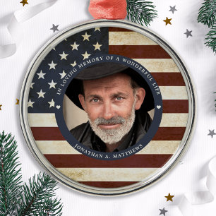 Vintage Patriotic American Flag Photo Memorial Metal Ornament
