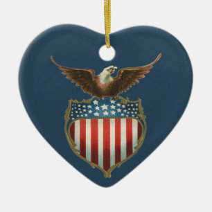Vintage Patriotic, Bald Eagle with American Flag Ceramic Ornament