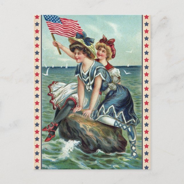 Vintage Patriotic Beach Women Postcard (Front)
