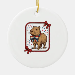 Vintage Patriotic Capybara Bow Tie Shirt Design_1 Ceramic Ornament