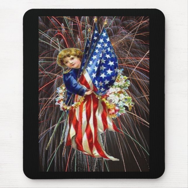 Vintage Patriotic Child and Fireworks Mouse Pad (Front)