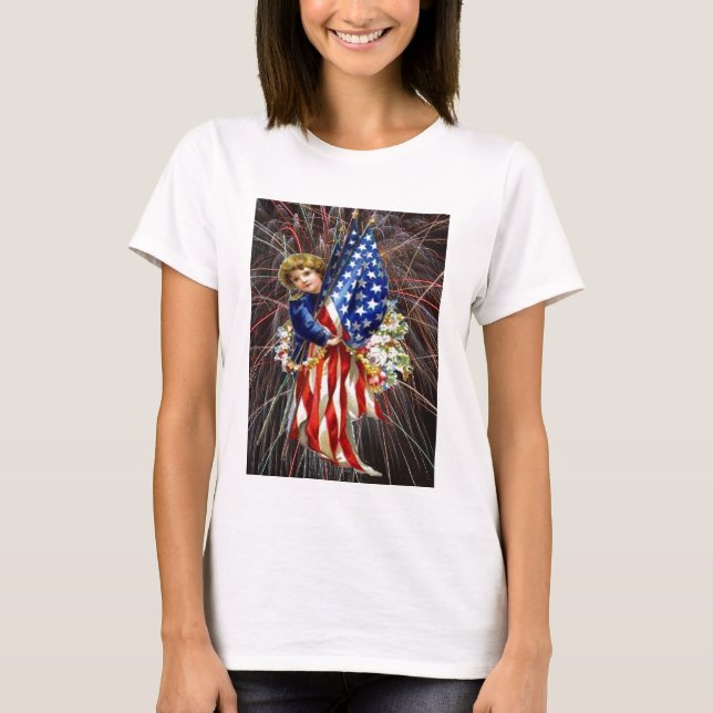 Vintage Patriotic Child and Fireworks T-Shirt (Front)
