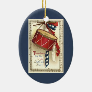 Vintage Patriotic, Drums with Musical Notes Ceramic Ornament