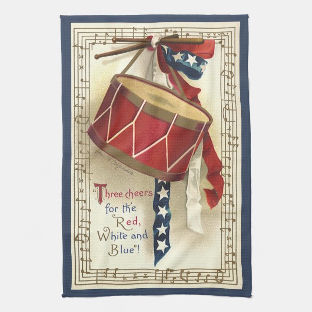 Vintage Patriotic, Drums with Musical Notes Kitchen Towel (Vertical)