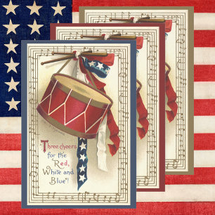 Vintage Patriotic, Drums with Musical Notes Wrapping Paper Sheet