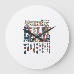 Vintage Patriotic Folk Cat American T-Shirt Design Large Clock