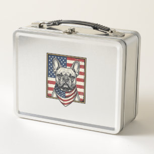 Vintage Patriotic French Bulldog Flag Metal Lunch Box