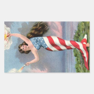 Vintage Patriotic Girl Wearing American Flag Sticker