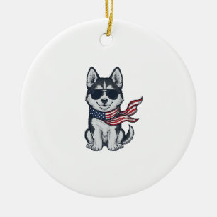 Vintage Patriotic Husky Puppy Vector Design_1 Ceramic Ornament