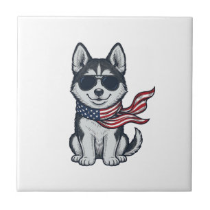 Vintage Patriotic Husky Puppy Vector Design_1 Tile