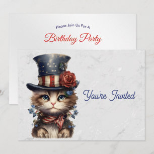 Vintage Patriotic Kitten Birthday Invitation