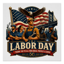 Vintage Patriotic Labour Day Eagle Workers Design
