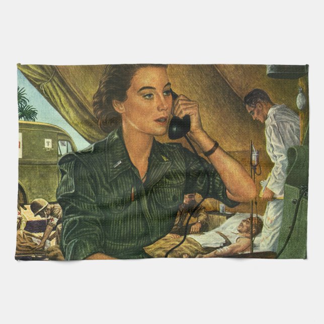 Vintage Patriotic, Medical Nurse on Phone Kitchen Towel (Horizontal)