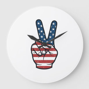Vintage Patriotic Peace Sign Hand Vector Design_1 Large Clock