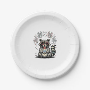 Vintage Patriotic Raccoon Fireworks Shirt Design_1 Paper Plate