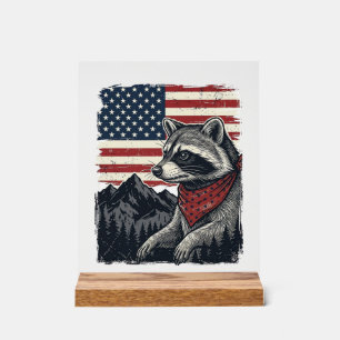 Vintage Patriotic Raccoon Mountain Flag Shirt Desi Acrylic Sign