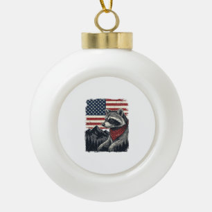 Vintage Patriotic Raccoon Mountain Flag Shirt Desi Ceramic Ball Christmas Ornament