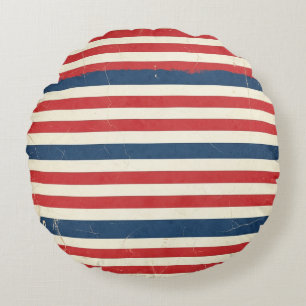 Vintage Patriotic Red White Blue Stripes Round Pillow