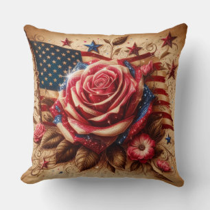 Vintage Patriotic Rose and American Flag Throw Pillow