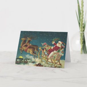 Vintage Patriotic Santa and Sleigh Christmas Holiday Card