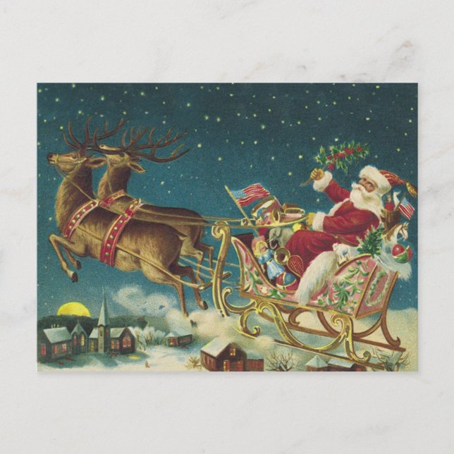 Vintage Patriotic Santa and Sleigh Christmas Postcard (Front)