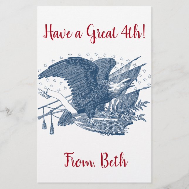 Vintage Patriotic Screaming Eagle USA Flag Arrows Stationery (Front)