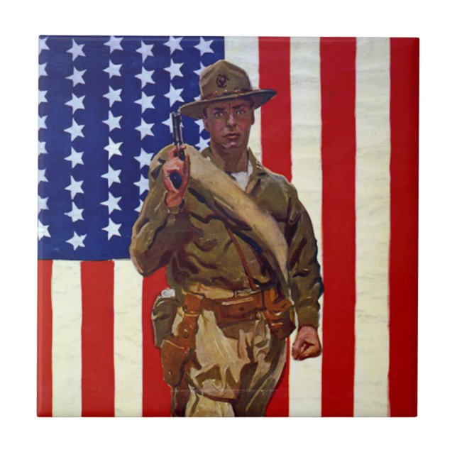 Vintage Patriotic Soldier with American Flag Tile (Front)