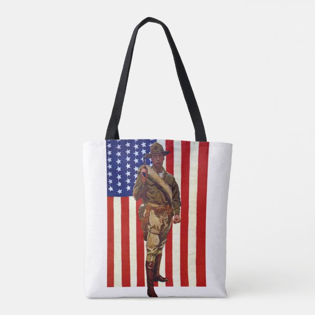 Vintage Patriotic Soldier with American Flag Tote Bag (Back)
