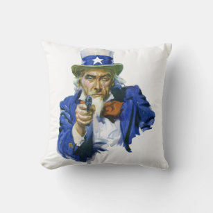 Vintage Patriotic Uncle Sam with Star Hat and Gun Throw Pillow
