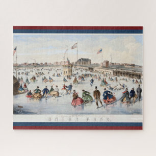 Vintage Patriotic Union Pond Skating Rink Jigsaw Puzzle