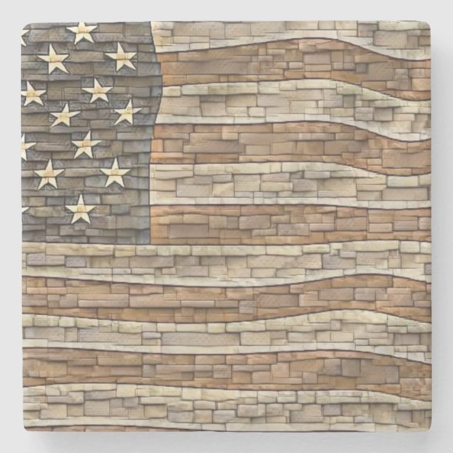 Vintage Patriotic USA Flag on Stone Wall Coaster (Front)