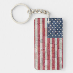 Vintage Patriotic USA Flag on Stone Wall Keychain