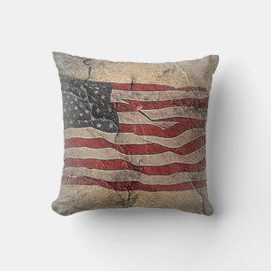 Vintage Patriotic USA Flag on Stone Wall Throw Pillow