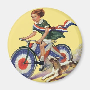 Vintage Patriotism, Girl Riding a Patriotic Bike Magnet