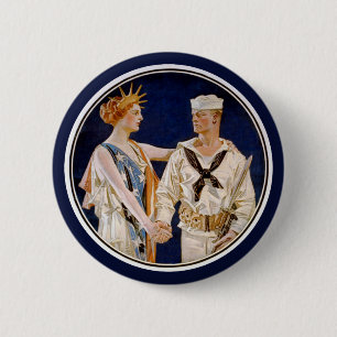 Vintage Patriotism, Lady Liberty with Navy Seaman 2 Inch Round Button