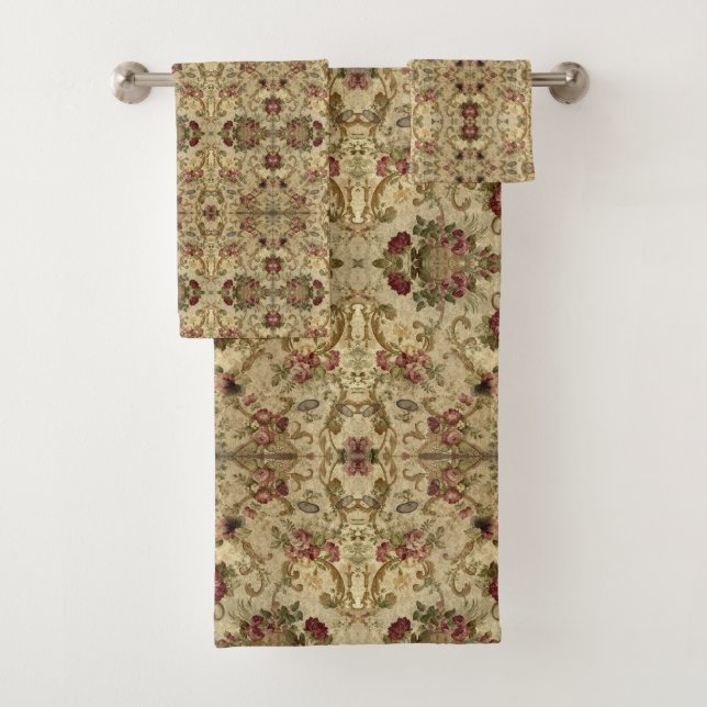 Vintage Pattern Beige Burgundy Bath Towel Set (Insitu)