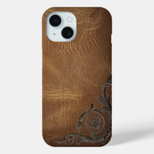 vintage pattern brown Western Leather iPhone 15 Case