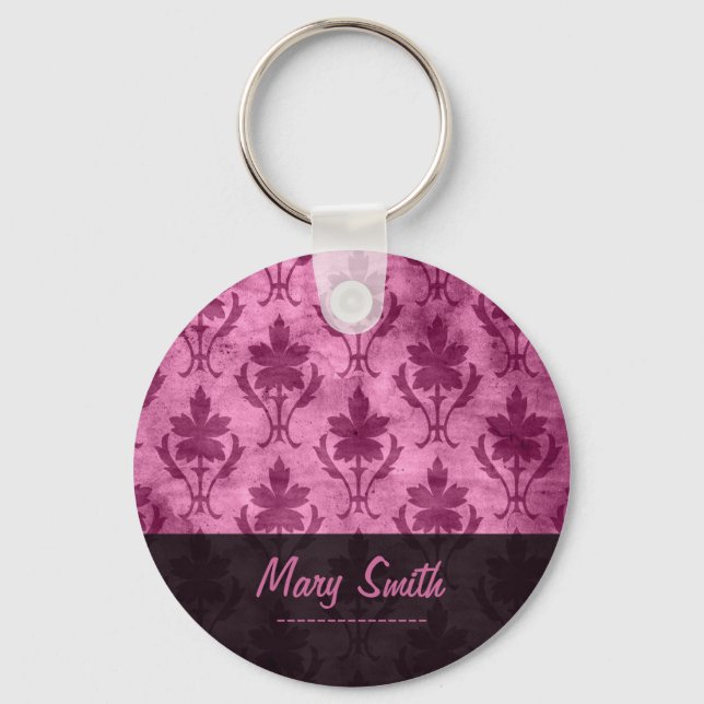 Vintage Pattern Custom Name Pink Keychain (Front)
