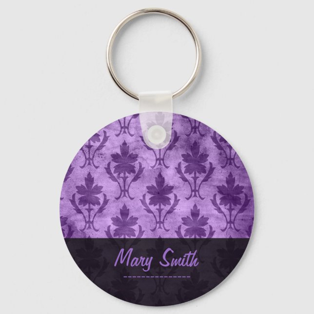 Vintage Pattern Custom Name Purple Keychain (Front)