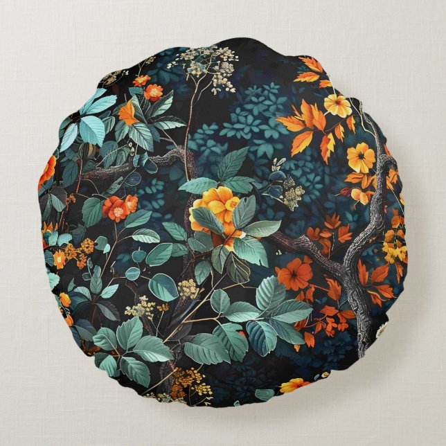 Vintage Pattern Forest Floral Round Pillow (Back)