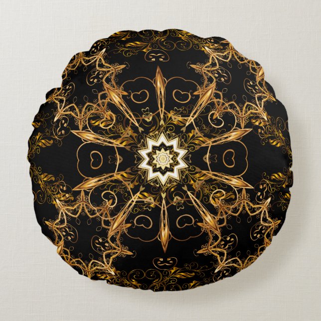 Vintage pattern. Golden grid. Snowflake, Christmas Round Pillow (Front)