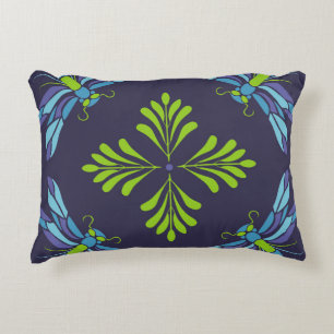 Vintage pattern green blue dragonfly on dark backg accent pillow