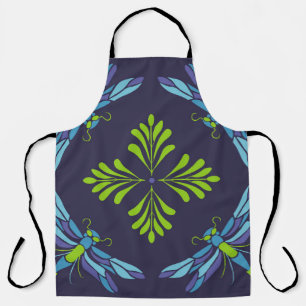 Vintage pattern green blue dragonfly on dark backg apron
