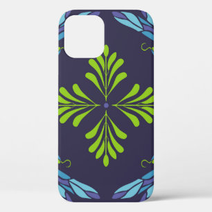 Vintage pattern green blue dragonfly on dark backg iPhone 12 case