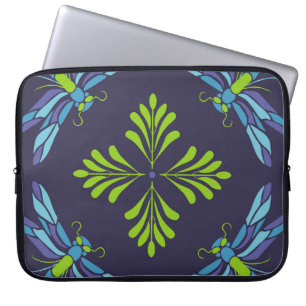 Vintage pattern green blue dragonfly on dark backg laptop sleeve