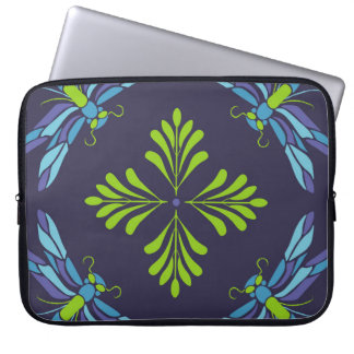 Vintage pattern green blue dragonfly on dark backg laptop sleeve