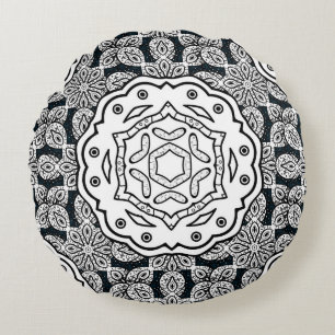 Vintage pattern on blue background with white elem round pillow