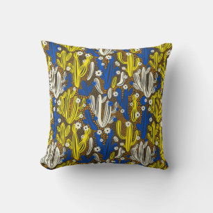Vintage pattern with cactus on black background. S Throw Pillow