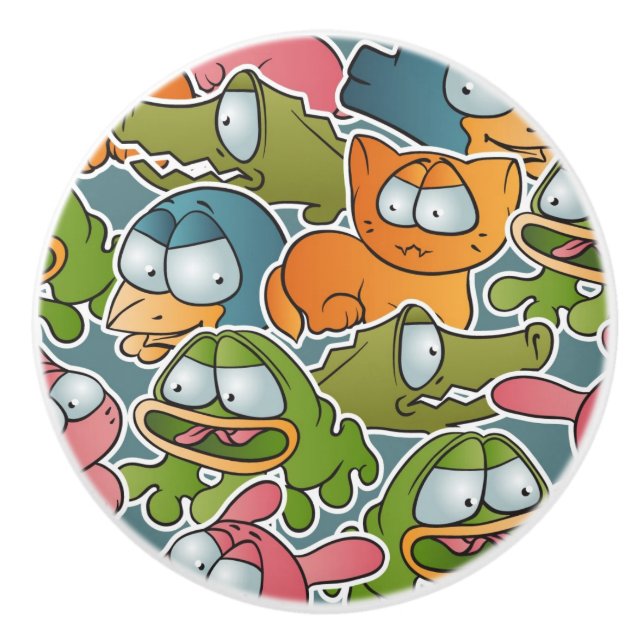Vintage pattern with cartoon animals ceramic knob (Front)