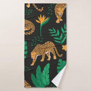 Vintage pattern with leopards and tropical leaves  bath towel